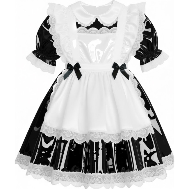 Sweet French Maid Servant Cosplay Dress Lockable Puff Short Sleeve Lace Trim PVC A-line Maid Dress for Halloween Carnival Party
