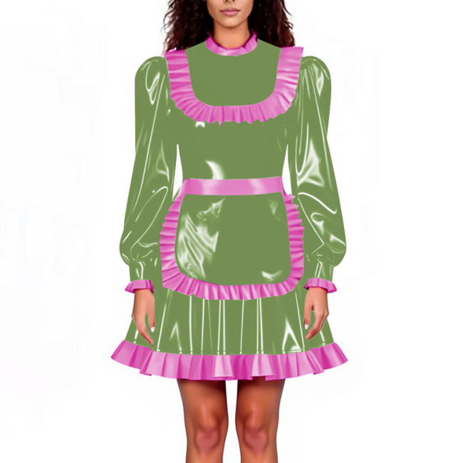 Lockable Maid Servant PVC Shiny Dress Outfits Adult Cosplay Ruffles Hem Apron Pleated A-line Dresses Halloween Party Clubwear