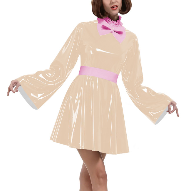 Lockable Vinyl PVC Maid Outfits Womens Flared Sleeves Ruffles Collar A-line Dress with Belt Carnival Cosplay Clubwear Costume