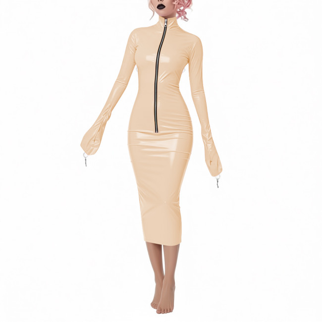 Fetish Novelty Full Long Sleeve Bodycon Midi Dress Party Club Sheath Wetlook Dress Zipper Front Women PVC Shiny Elegant Dresses