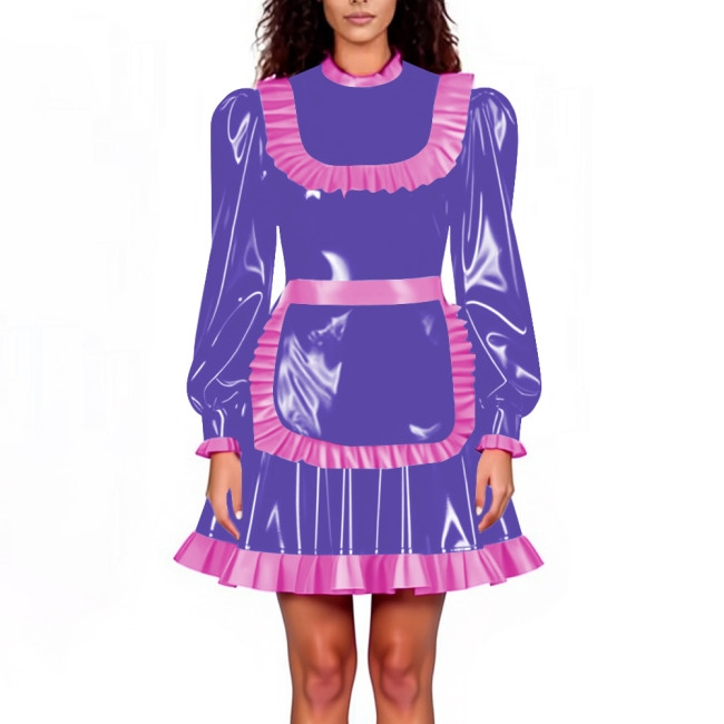 Lockable Maid Servant PVC Shiny Dress Outfits Adult Cosplay Ruffles Hem Apron Pleated A-line Dresses Halloween Party Clubwear