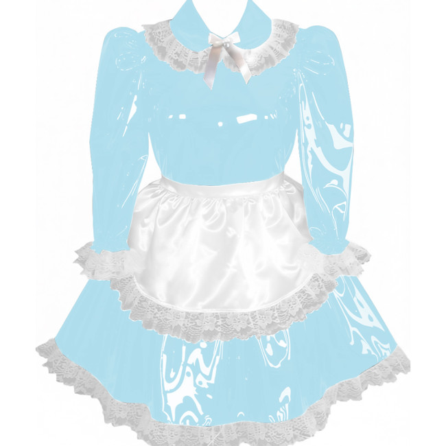 Lockable Pleated Maid Cosplay Dress with Apron Adult Wet Look PVC Leather A-line Maid Dress Party Carnival Maid Role Play Dress