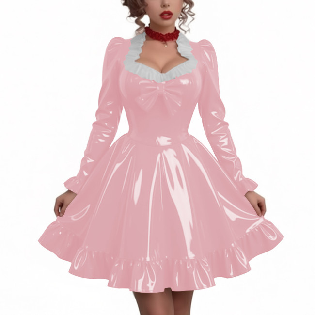 Women Sweetheart Neck Long Sleeve Party Dresses Chic Princess Ruffles Hem Pleated Short Dress Shiny PVC Leather Club Porm Dress