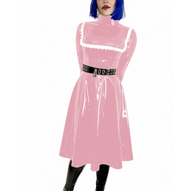 High Neck Midi Dress Woman Pleated Long Sleeves PVC Shiny A-line Dress Elegant Party Dresses Wetlook Formal Gowns Streetwear