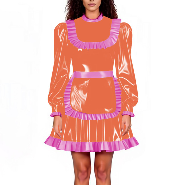Lockable Maid Servant PVC Shiny Dress Outfits Adult Cosplay Ruffles Hem Apron Pleated A-line Dresses Halloween Party Clubwear