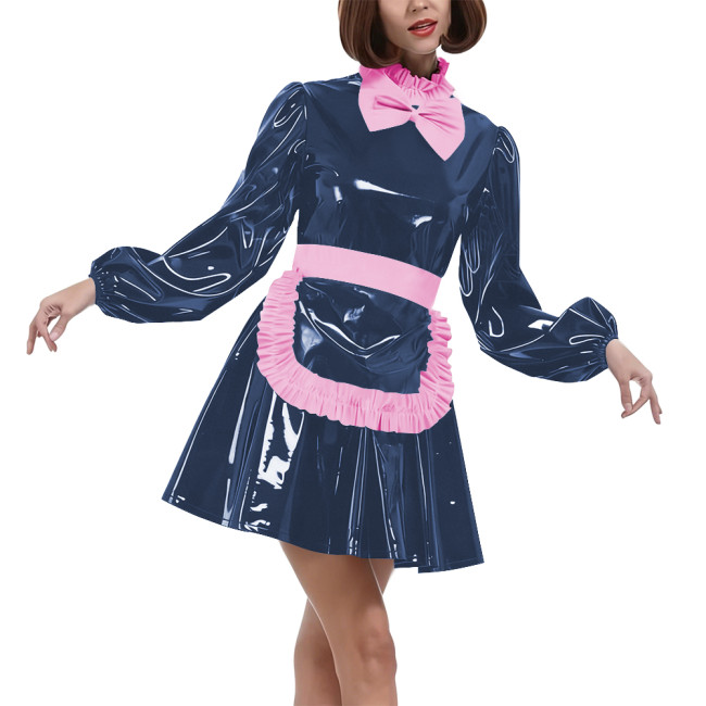 Lolita Puff Long Sleeves Maid Uniforms Halloween Theme Party Cosplay Costume Lockable PVC Leather Bow Pleated Dress with Apron