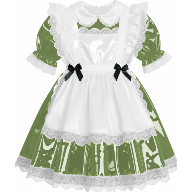 Sweet French Maid Servant Cosplay Dress Lockable Puff Short Sleeve Lace Trim PVC A-line Maid Dress for Halloween Carnival Party