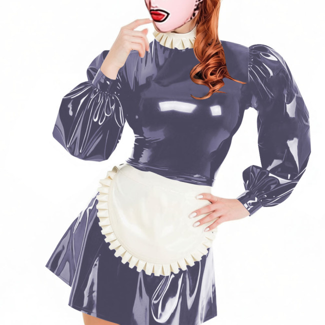 Party Lockable Maid Uniforms Puff Long Sleeves PVC Shiny Sexy Mini A-line Pleated Maid Dress with Apron Carnival Cosplay Costume