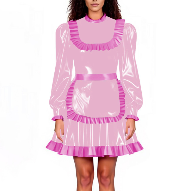 Lockable Maid Servant PVC Shiny Dress Outfits Adult Cosplay Ruffles Hem Apron Pleated A-line Dresses Halloween Party Clubwear