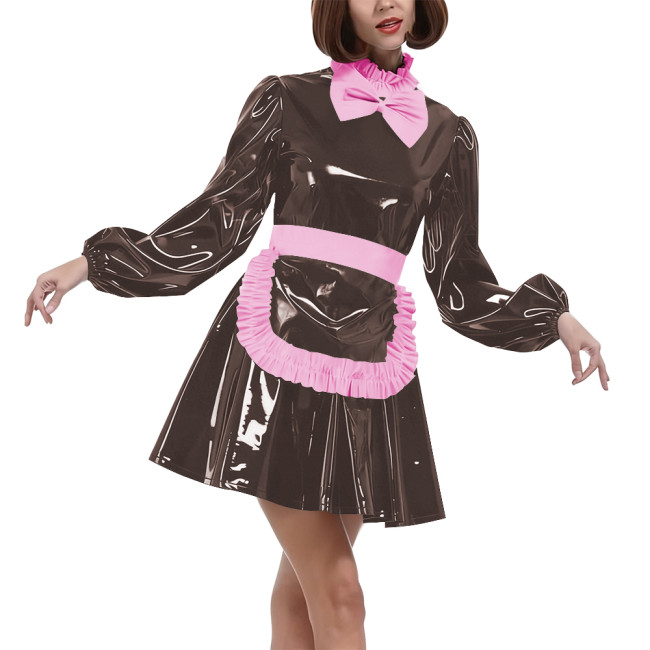 Lolita Puff Long Sleeves Maid Uniforms Halloween Theme Party Cosplay Costume Lockable PVC Leather Bow Pleated Dress with Apron