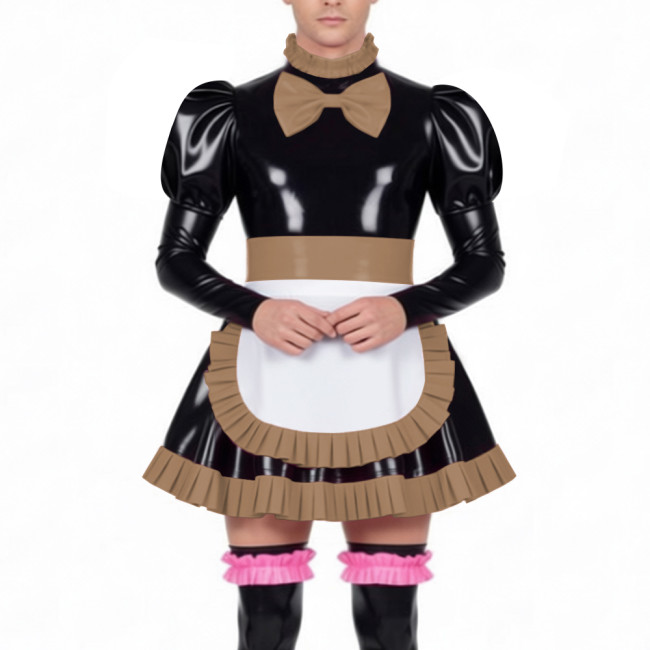 Mens Sissy Maid Dress Outfits High Neck Ruffles Trim Wetlook PVC Leather Mini Pleated Dress with Lock Crossdresser Maid Uniform