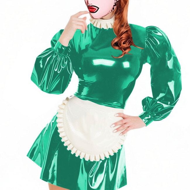 Party Lockable Maid Uniforms Puff Long Sleeves PVC Shiny Sexy Mini A-line Pleated Maid Dress with Apron Carnival Cosplay Costume