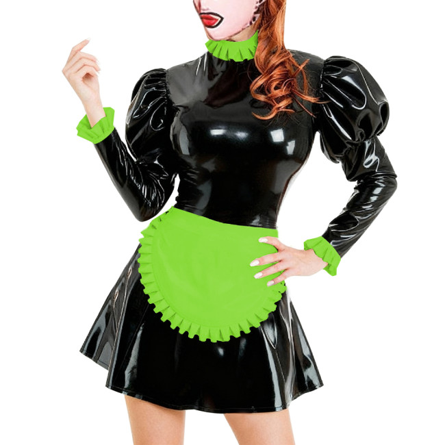 Lolita Adult Naughty Maid Uniform Glossy PVC Leather French Apron Maid Dress Ruffles Trim Puff Long Sleeve Dress Outfits Cosplay