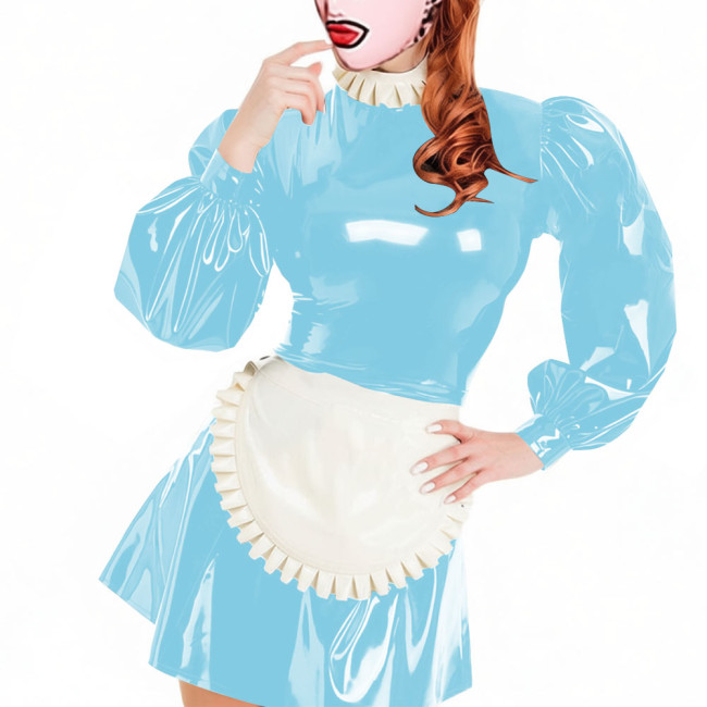 Party Lockable Maid Uniforms Puff Long Sleeves PVC Shiny Sexy Mini A-line Pleated Maid Dress with Apron Carnival Cosplay Costume