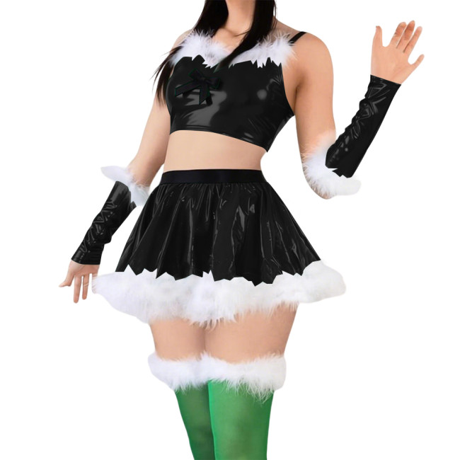 Women Cute Sweet Santa Dress Outfits PVC Shiny Sling Crop Tops Mini Pleated Skirt with Gloves Christmas Suit for Cosplay Night