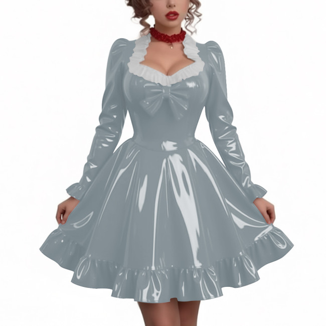 Women Sweetheart Neck Long Sleeve Party Dresses Chic Princess Ruffles Hem Pleated Short Dress Shiny PVC Leather Club Porm Dress