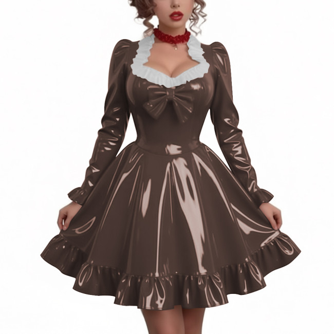 Women Sweetheart Neck Long Sleeve Party Dresses Chic Princess Ruffles Hem Pleated Short Dress Shiny PVC Leather Club Porm Dress