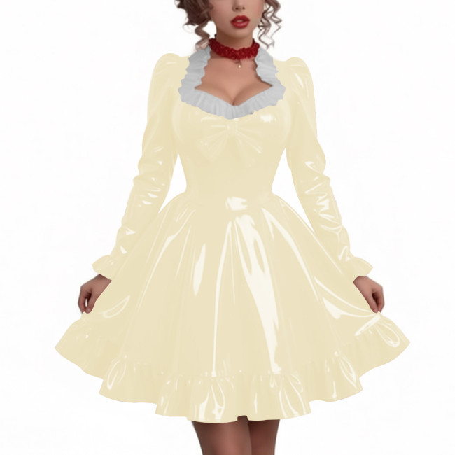 Women Sweetheart Neck Long Sleeve Party Dresses Chic Princess Ruffles Hem Pleated Short Dress Shiny PVC Leather Club Porm Dress
