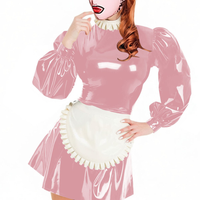 Party Lockable Maid Uniforms Puff Long Sleeves PVC Shiny Sexy Mini A-line Pleated Maid Dress with Apron Carnival Cosplay Costume