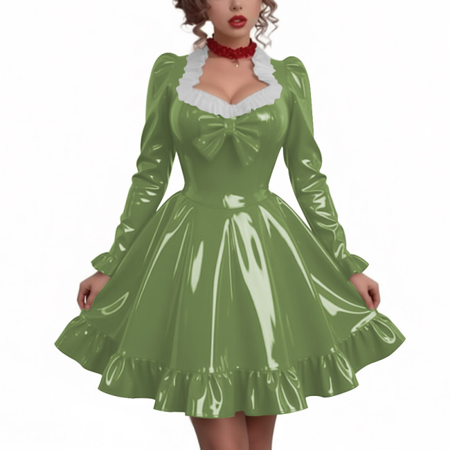 Women Sweetheart Neck Long Sleeve Party Dresses Chic Princess Ruffles Hem Pleated Short Dress Shiny PVC Leather Club Porm Dress