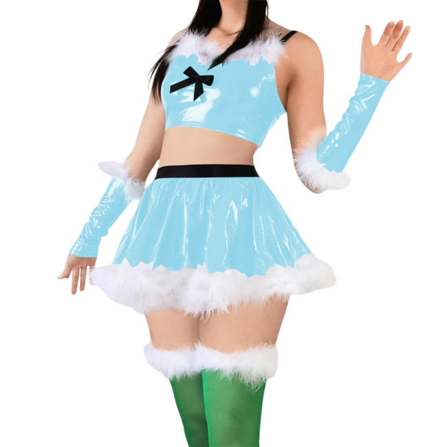 Women Cute Sweet Santa Dress Outfits PVC Shiny Sling Crop Tops Mini Pleated Skirt with Gloves Christmas Suit for Cosplay Night