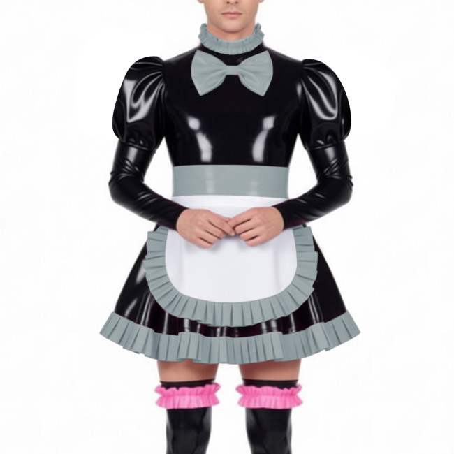 Mens Sissy Maid Dress Outfits High Neck Ruffles Trim Wetlook PVC Leather Mini Pleated Dress with Lock Crossdresser Maid Uniform