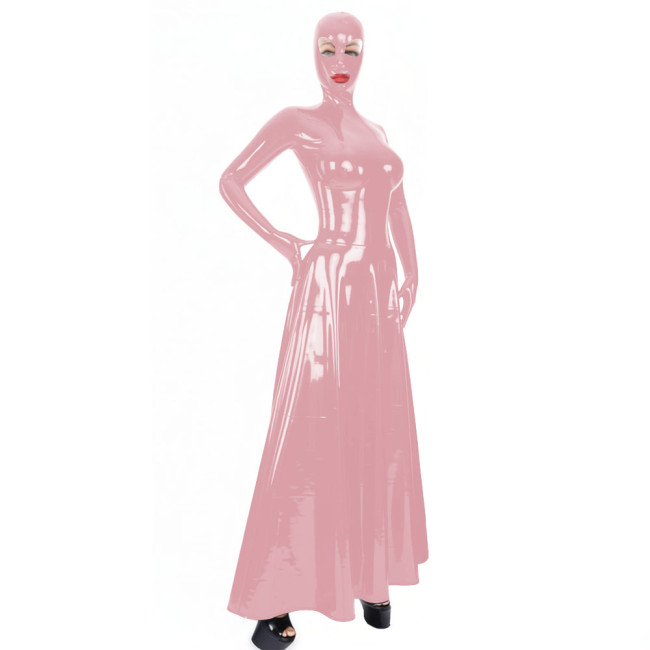 Ladies Sexy Exotic Hooded Long Dress Wetlook PVC Leather Full Sleeve Maxi Dress Halloween Theme Party Dress-up Cosplay Costume