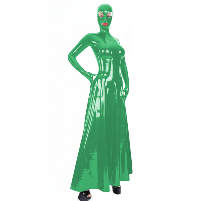 Ladies Sexy Exotic Hooded Long Dress Wetlook PVC Leather Full Sleeve Maxi Dress Halloween Theme Party Dress-up Cosplay Costume