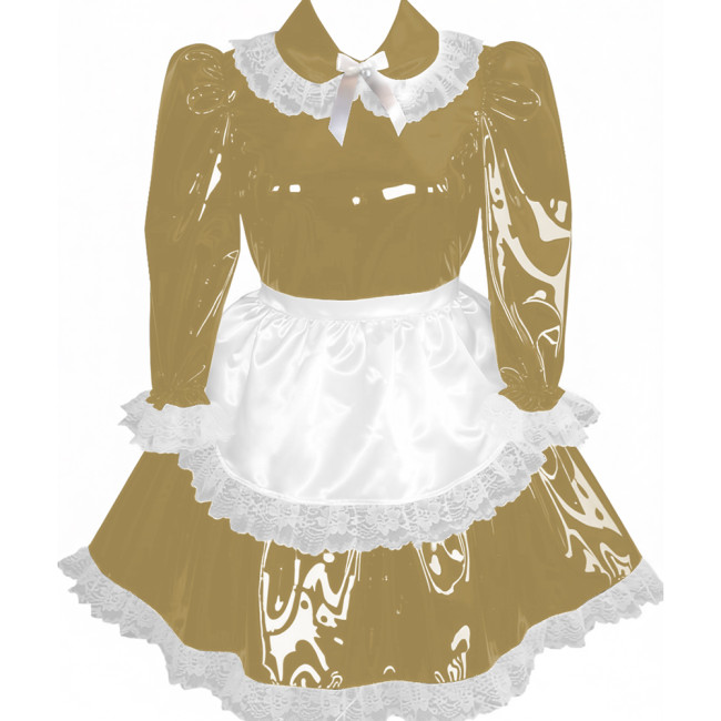 Lockable Pleated Maid Cosplay Dress with Apron Adult Wet Look PVC Leather A-line Maid Dress Party Carnival Maid Role Play Dress