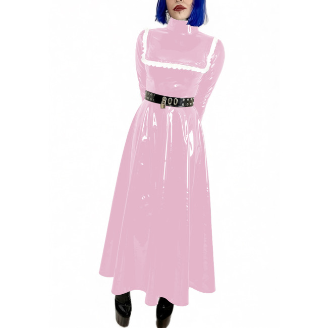 Lockable Wet Look Women Evening Dress Gowns Stand Collar Long Sleeve Vinyl PVC Leather Maxi Dresses Cocktail Party Pleated Dress