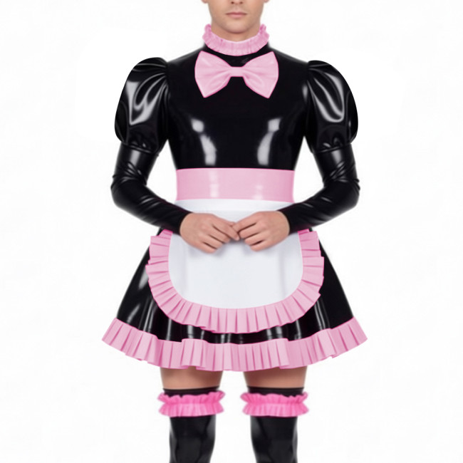 Mens Sissy Maid Dress Outfits High Neck Ruffles Trim Wetlook PVC Leather Mini Pleated Dress with Lock Crossdresser Maid Uniform