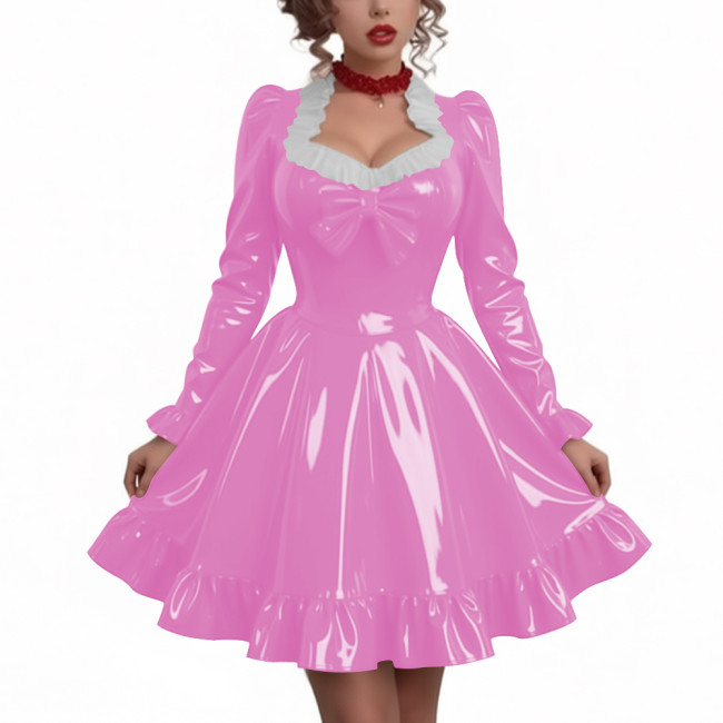 Women Sweetheart Neck Long Sleeve Party Dresses Chic Princess Ruffles Hem Pleated Short Dress Shiny PVC Leather Club Porm Dress