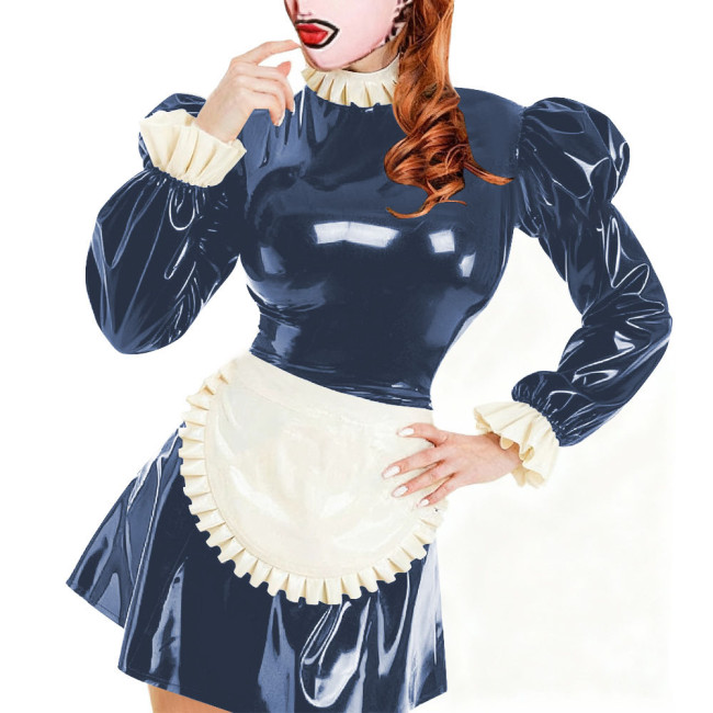 Sissy Servants Maid Mini Dress with Lock Ruffles Collar Long Sleeve PVC Glossy Leather A-Line Maid Dresses Party Cosplay Outfits