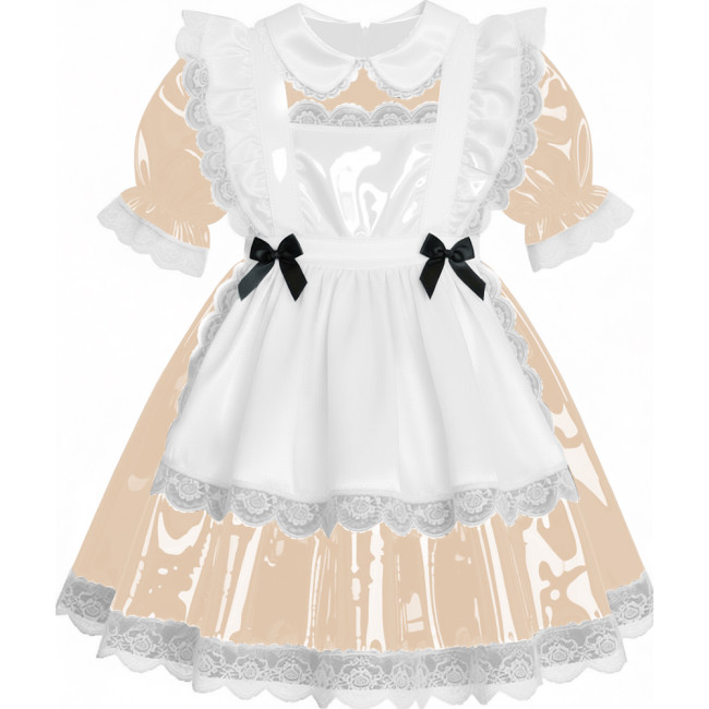 Sweet French Maid Servant Cosplay Dress Lockable Puff Short Sleeve Lace Trim PVC A-line Maid Dress for Halloween Carnival Party