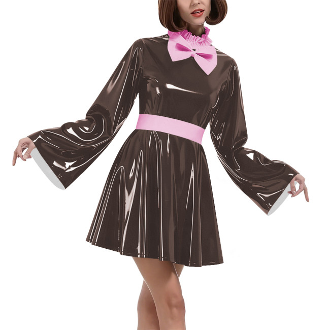 Lockable Vinyl PVC Maid Outfits Womens Flared Sleeves Ruffles Collar A-line Dress with Belt Carnival Cosplay Clubwear Costume
