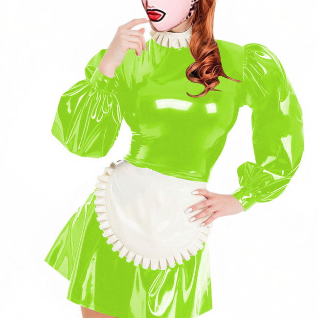 Party Lockable Maid Uniforms Puff Long Sleeves PVC Shiny Sexy Mini A-line Pleated Maid Dress with Apron Carnival Cosplay Costume