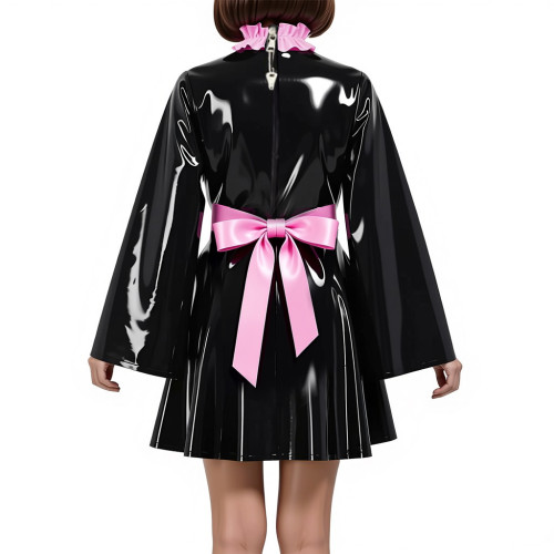 Lockable Vinyl PVC Maid Outfits Womens Flared Sleeves Ruffles Collar A-line Dress with Belt Carnival Cosplay Clubwear Costume