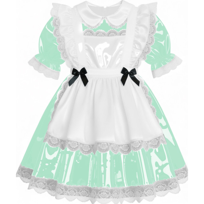 Sweet French Maid Servant Cosplay Dress Lockable Puff Short Sleeve Lace Trim PVC A-line Maid Dress for Halloween Carnival Party