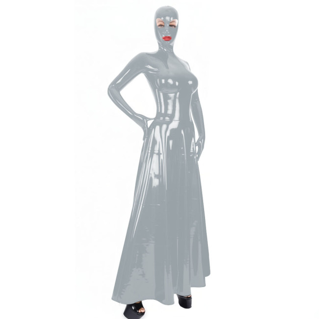 Ladies Sexy Exotic Hooded Long Dress Wetlook PVC Leather Full Sleeve Maxi Dress Halloween Theme Party Dress-up Cosplay Costume