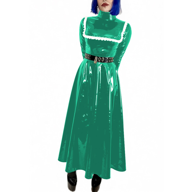 Lockable Wet Look Women Evening Dress Gowns Stand Collar Long Sleeve Vinyl PVC Leather Maxi Dresses Cocktail Party Pleated Dress