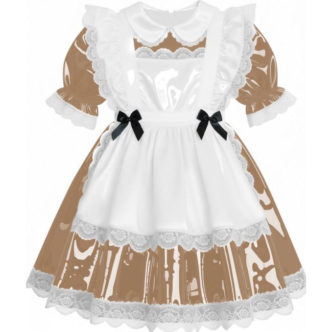 Sweet French Maid Servant Cosplay Dress Lockable Puff Short Sleeve Lace Trim PVC A-line Maid Dress for Halloween Carnival Party