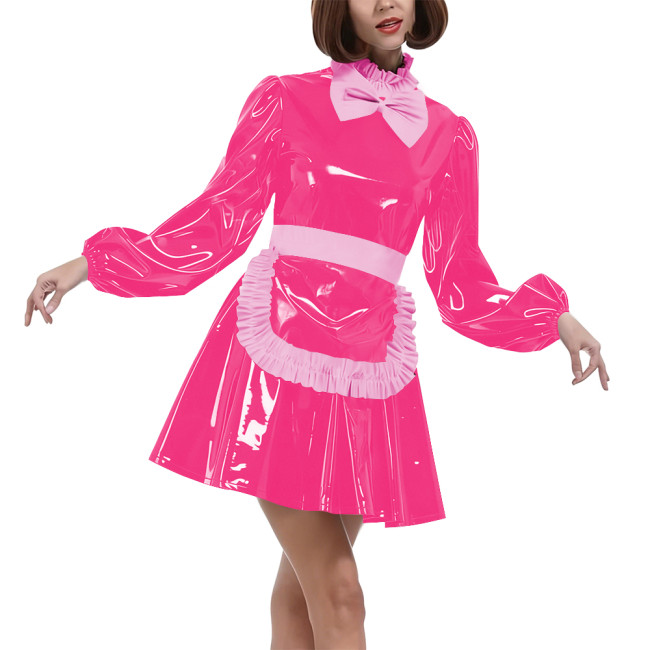 Lolita Puff Long Sleeves Maid Uniforms Halloween Theme Party Cosplay Costume Lockable PVC Leather Bow Pleated Dress with Apron