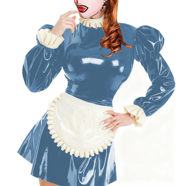Sissy Servants Maid Mini Dress with Lock Ruffles Collar Long Sleeve PVC Glossy Leather A-Line Maid Dresses Party Cosplay Outfits