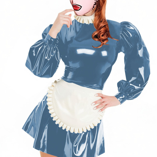 Party Lockable Maid Uniforms Puff Long Sleeves PVC Shiny Sexy Mini A-line Pleated Maid Dress with Apron Carnival Cosplay Costume