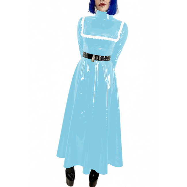 Lockable Wet Look Women Evening Dress Gowns Stand Collar Long Sleeve Vinyl PVC Leather Maxi Dresses Cocktail Party Pleated Dress