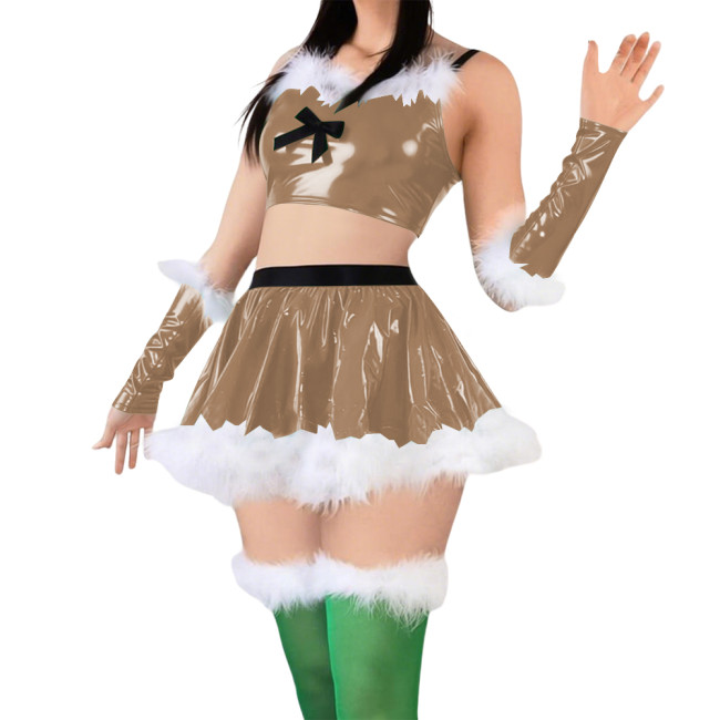 Women Cute Sweet Santa Dress Outfits PVC Shiny Sling Crop Tops Mini Pleated Skirt with Gloves Christmas Suit for Cosplay Night