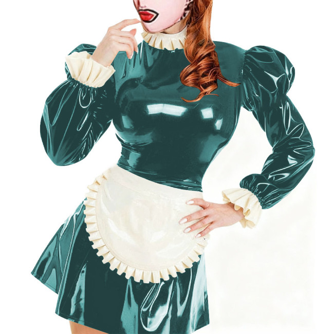 Sissy Servants Maid Mini Dress with Lock Ruffles Collar Long Sleeve PVC Glossy Leather A-Line Maid Dresses Party Cosplay Outfits
