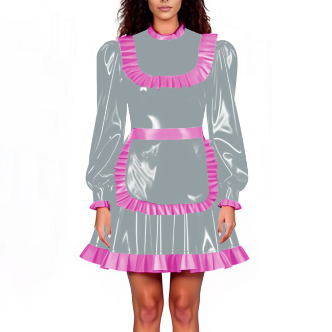Lockable Maid Servant PVC Shiny Dress Outfits Adult Cosplay Ruffles Hem Apron Pleated A-line Dresses Halloween Party Clubwear