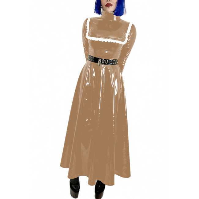 Lockable Wet Look Women Evening Dress Gowns Stand Collar Long Sleeve Vinyl PVC Leather Maxi Dresses Cocktail Party Pleated Dress