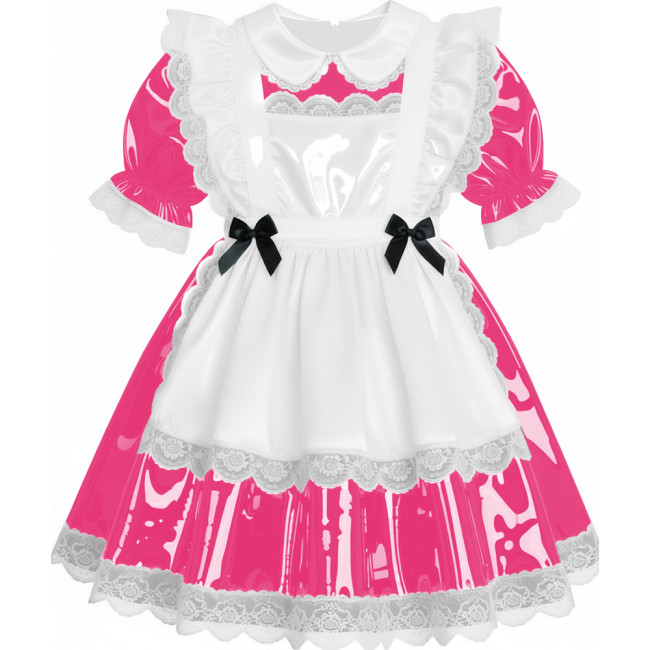 Sweet French Maid Servant Cosplay Dress Lockable Puff Short Sleeve Lace Trim PVC A-line Maid Dress for Halloween Carnival Party